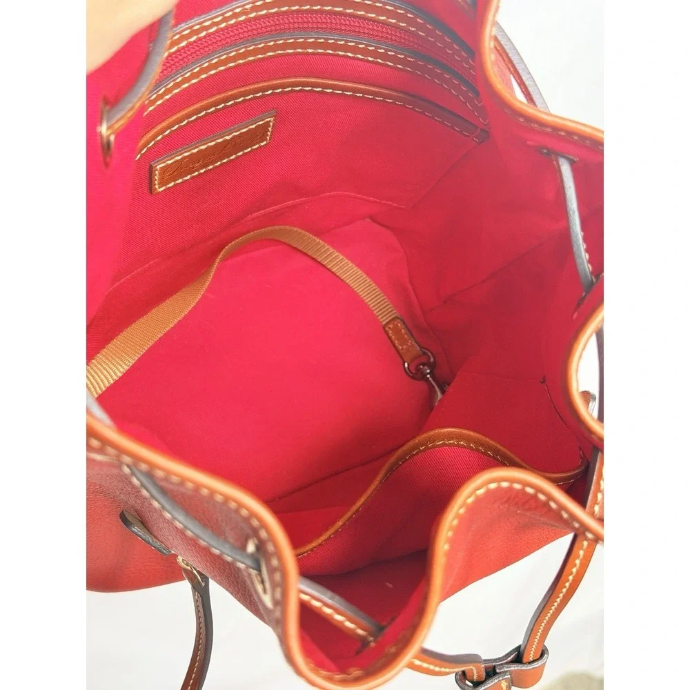 Dooney & Bourke Pebble Grain Red Drawstring Bucket Bag Leather Crossbody Purse